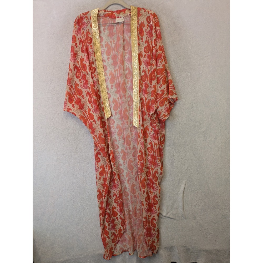 Suki So Pink Orange Paisley Maxi Kimono Cardigan Gold Trim One Size